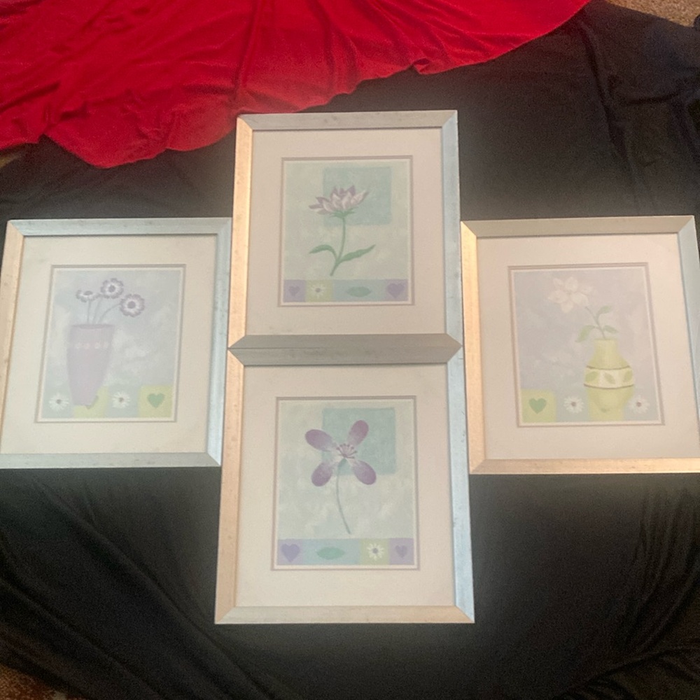 New - 4 Delightful Dais Flower Wood Framed Pictures